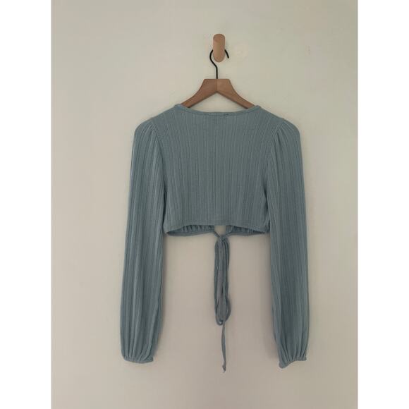 Lulus Vibe Check Ribbed Blue Wrap Crop Top Size Small Balloon Sleeve - Picture 9 of 9